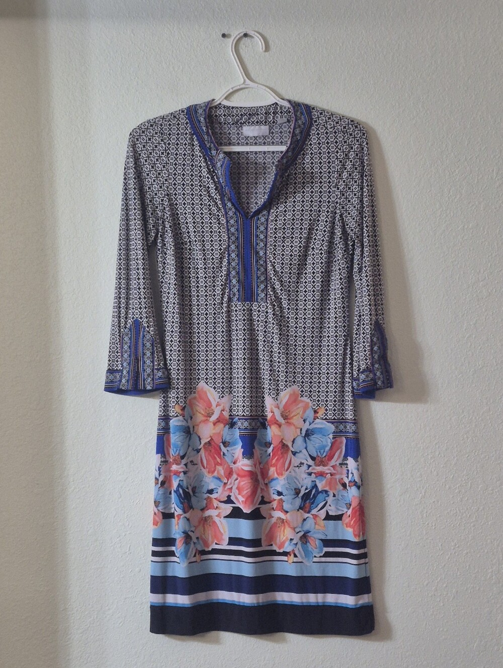 New York & Company Navy Tunic Dress with Coral & Blue Floral Border